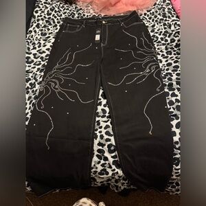 Fashion Nova Black Straight Leg Jeans with Rhinestone Design